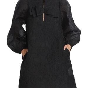 SOMETHING NAVY | Black Textured Organza Shift Dress Bubble Sleeve Bow | Size XXL